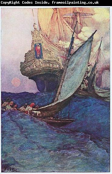 Howard Pyle An Attack on a Galleon: illustration of pirates approaching a ship